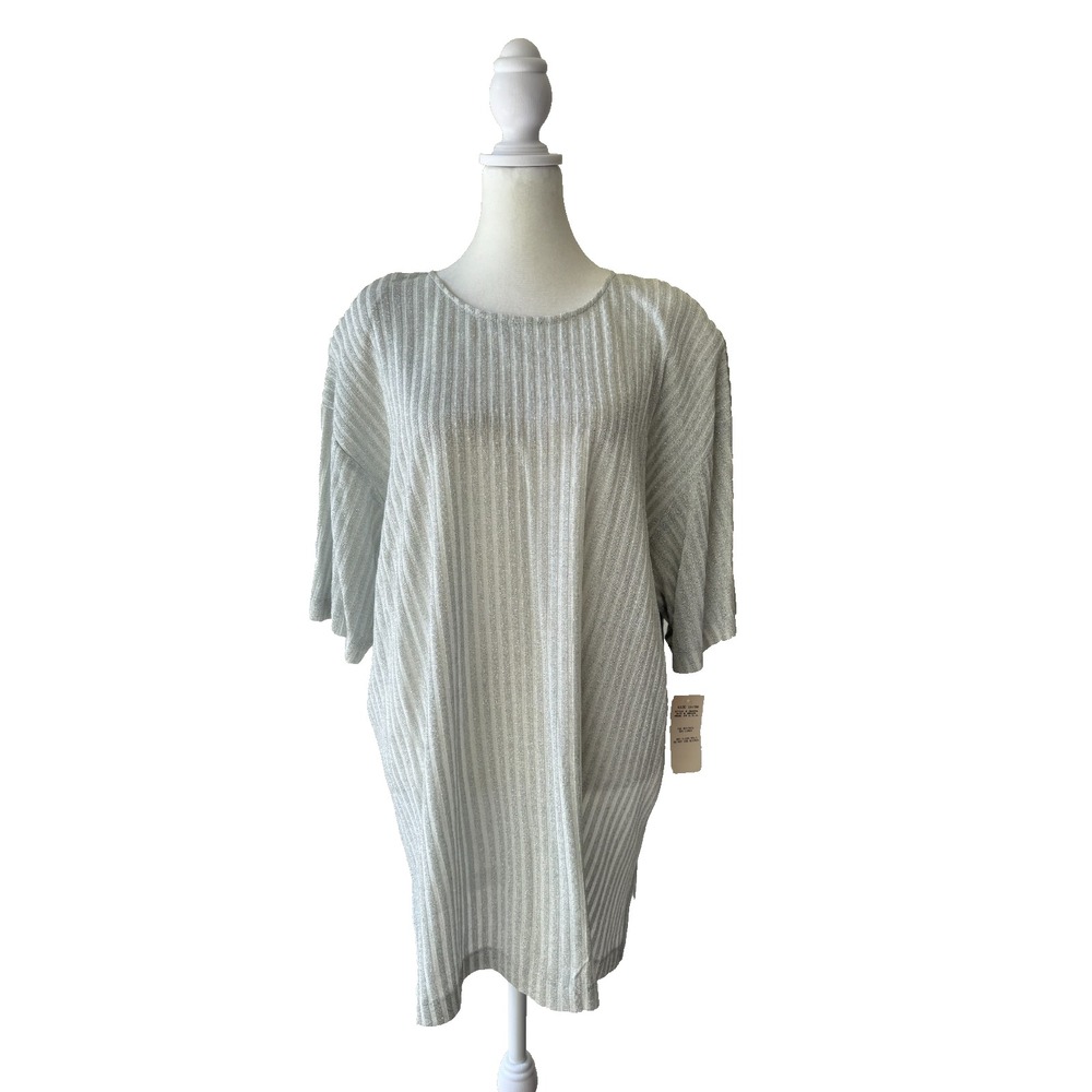Linda Michaels Tunic Top Womens 1X Silver Metallic Lurex Ribbed Sparkle Glam VTG